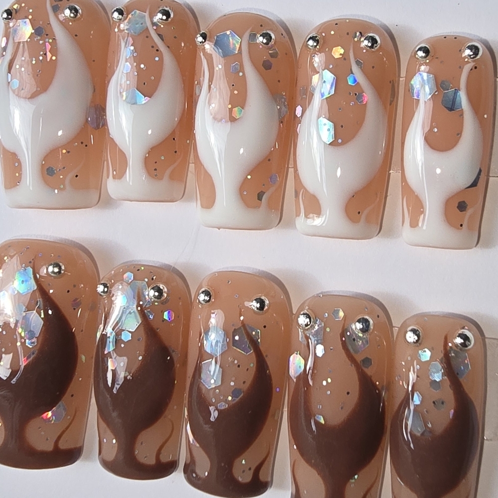 Handmade Brown and White Flame Nail Set with Glitter - Picture 2 of 4